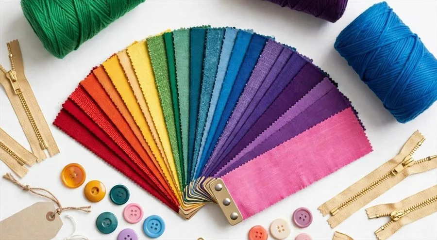 Colour card, thread spools, buttons, zips and hang tags
